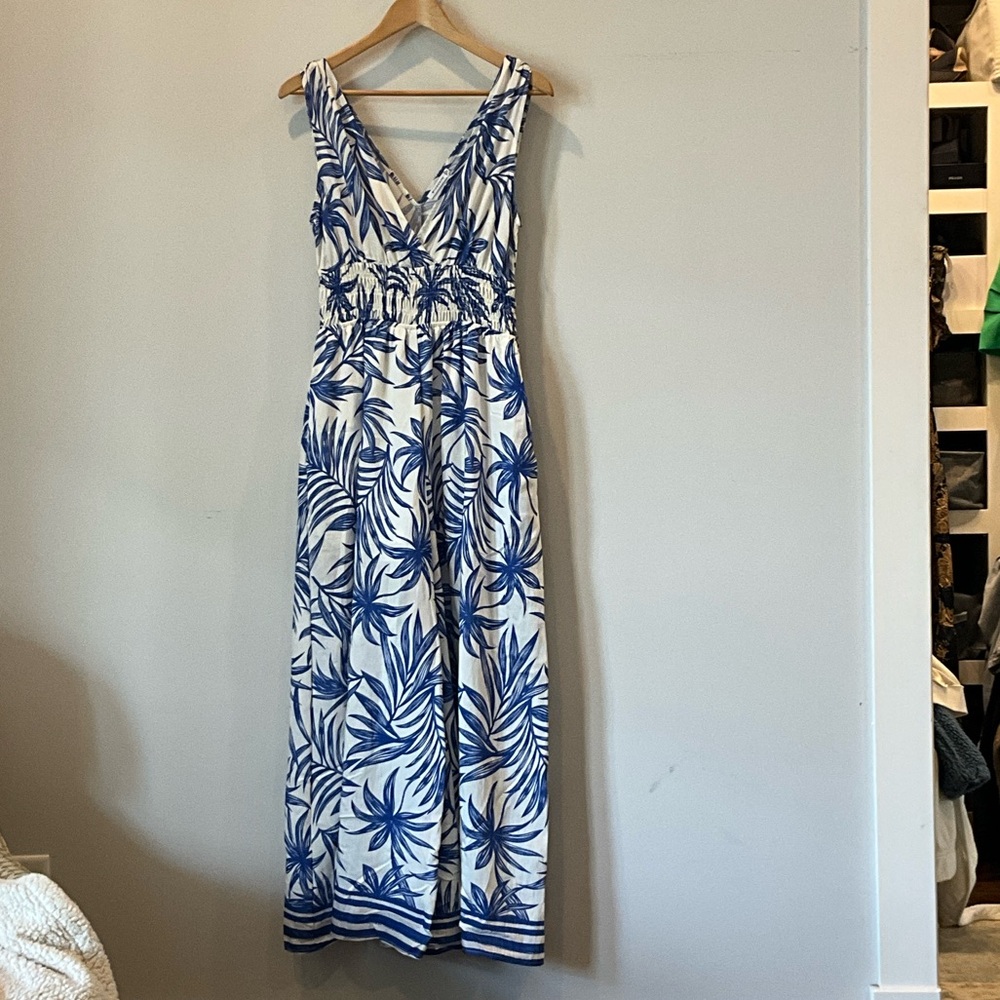 Blue & White Tropical Print Maxi Dress